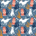 Seamless cartoon dogs pattern with fire hydrant